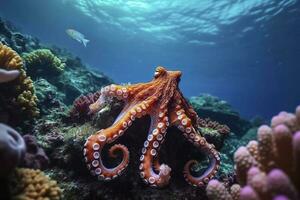 Octopus zwemmen onderzees, mooi onderwater, en kleurrijk koraal in de wild natuur van de grote Oceaan oceaan, genereren ai. foto
