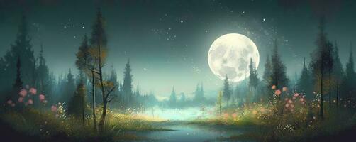 nacht landschap milieu oogst maan over- een glinsterende meer weelderig vegetatie berken hout bomen, bloemen, magisch heelal. 3d tekening digitaal kunst, genereren ai foto