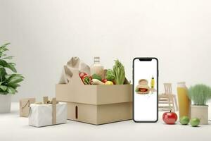 smartphone met voedsel levering toepassing over- tafel met vers boodschappen geïsoleerd Aan wit achtergrond, genereren ai foto