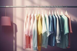 kleurrijk kleren Aan kleding rek, pastel kleurrijk kast in boodschappen doen op te slaan of slaapkamer. regenboog kleur kleren keuze Aan hangers, huis garderobe concept. ai gegenereerd beeld foto