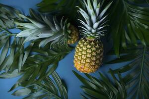 top visie van vers ananas met tropisch bladeren Aan blauw achtergrond. , genereren ai foto