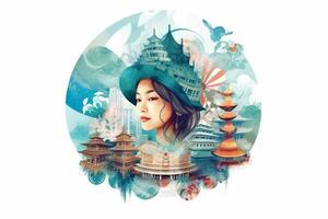 Azië reis. vrouw reiziger conceptuele illustratie.symbool van Azië contributies. wit achtergrond spandoek. generatief ai foto