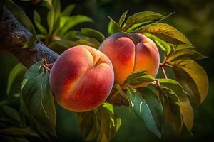 natuurlijk fruit. perziken groeit Aan een boom in de zomer. vers perziken dichtbij omhoog Aan boom takken. heerlijk en gezond biologisch voeding. tuin met rijpte vruchten. generatief ai. foto