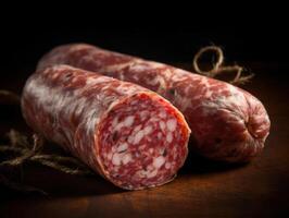 delicatessen salami worst met wit gietvorm fouet gemaakt met generatief ai technologie foto