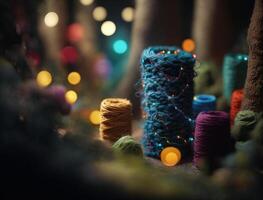 veelkleurig Woud gemaakt door wol garen stoffen gemaakt met generatief ai technologie foto