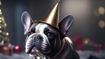 Frans bulldog vervelend een Kerstmis hoed Aan nieuw jaren feest. ai gegenereerd foto