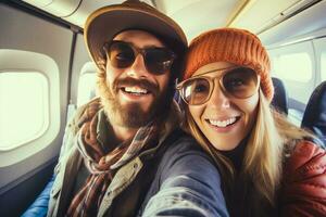 portret selfie gelukkig toerist paar nemen selfie binnen vliegtuig . ai gegenereerd foto