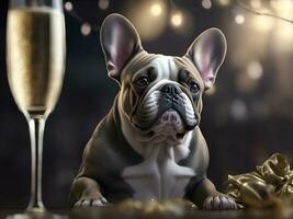 Frans bulldog drinken Champagne Aan nieuw jaren vooravond feest. ai gegenereerd foto