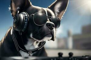 zwart dj hond met zonnebril en hoofdtelefoons spelen muziek. ai gegenereerd foto