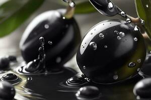 foto detailopname zwart olijven met water druppels. ai gegenereerd