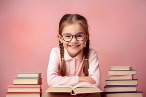 portret van een gelukkig kind weinig meisje met bril zittend Aan een stack van boeken en lezing een boeken, licht roze achtergrond. ai gegenereerd foto