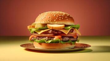 heerlijk vers Hamburger Aan een bord generatief ai, ai gegenereerd foto