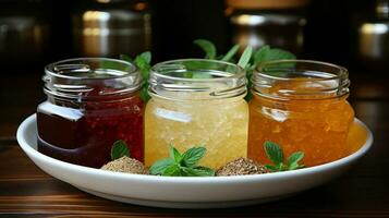 verscheidenheid van zoetstoffen stevia, suiker, stuifmeel en honing. ai gegenereerd foto
