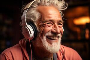 portret een gelukkig senior Mens in zomer overhemd en in draadloze hoofdtelefoons dansen. ai gegenereerd foto