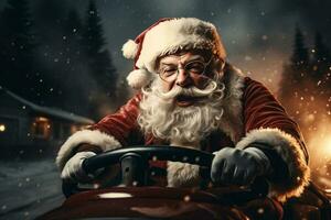 de kerstman claus het rijden rood sport- auto Aan Kerstmis dag, leveren presenteert.. ai gegenereerd foto