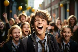 stel je voor een levendig tafereel met een verschillend groep van studenten en leraren, vol van verwachting en spanning, staand buiten een school- gebouw Aan een zonnig ochtend. ai gegenereerd foto