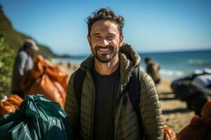 portret dichtbij omhoog glimlachen gemengd ras vrijwilliger Mens verzamelen uitschot Aan de strand. ai gegenereerd foto