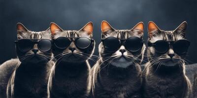 een groep van katten met zonnebril Aan donker achtergrond. ai gegenereerd foto