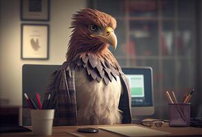 portret van een antropomorf adelaar net zo een ontwikkelaar in de kantoor. ai gegenereerd foto