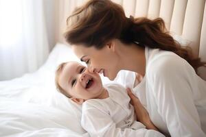 gelukkig vrolijk familie. moeder en baby zoenen, lachend en knuffelen . ai gegenereerd foto