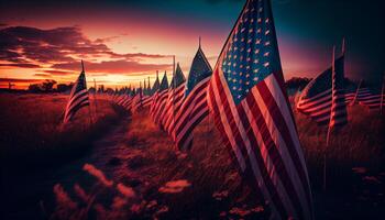 veld- van Amerikaans vlaggen Bij zonsondergang . ai gegenereerd. foto