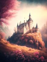kasteel, natuurlijk hoogtepunten, helder kleuren, realistisch breed hoek, mystiek omgeving. ai gegenereerd. foto