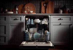 Open vaatwasser met schoon gerechten binnen in keuken. ai gegenereerd foto