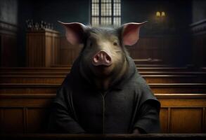 portret van een varken verdachte in rechtbank. ai gegenereerd foto