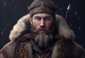 portret van een oude krijger met een baard en in winter. ai gegenereerd foto