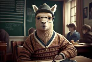 portret van een antropomorf alpaca gekleed net zo een schooljongen in een klas. ai gegenereerd foto