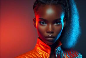 mode portret mooi zwart vrouw, kijken Bij camera, in neon studio verlichting. ai gegenereerd foto