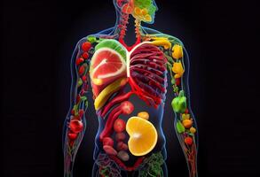 gezond voeding en eetpatroon concept. menselijk lichaam gemaakt van vers fruit en groenten. ai gegenereerd foto