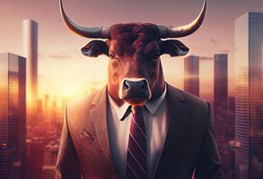 portret van een antropomorf stier gekleed net zo een zakenman tegen de backdrop van een modern stad Bij zonsondergang. ai gegenereerd foto