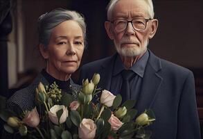 senior Mens staand met aantrekkelijk vrouw Holding bloemen Aan begrafenis. ai gegenereerd foto