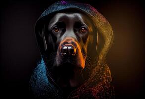 hoog detail, dichtbij omhoog portret, een zwart labrador in gescheurd capuchon, op zoek Bij de camera, studio schot, , donker modus, verdrietig, diepte van veld, mode, neon gloed tegenlicht, silhouet. ai gegenereerd foto