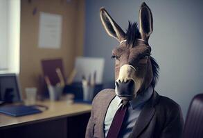 portret van een antropomorf ezel in een pak van een zakenman net zo kantoor arbeider in de modern kantoor. ai gegenereerd foto