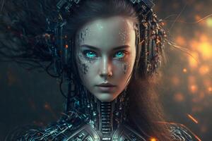 kunstmatig intelligentie- een humanoid cyber meisje met technologie slim robot ai. ai gegenereerd foto