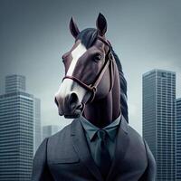 portret van een antropomorf paard zakenman roamen de stad straten. ai gegenereerd foto