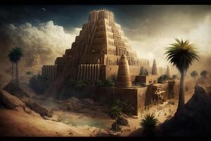 oude stad van Babylon met de toren van Babel, Bijbel en geloof, nieuw testament, toespraak in verschillend talen. ai gegenereerd foto