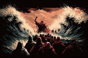 illustratie van de Exodus van de Bijbel, Mozes kruispunt de rood zee met de Israëlieten, ontsnappen van de egyptenaren. ai gegenereerd foto
