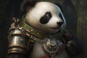 panda met een steampunk kijk maar draagriem in de omgeving van zijn nek, beschermen een veilig. ai gegenereerd foto