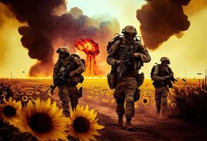 leger speciaal krachten soldaten kruisen vernietigd oorlogsgebied door brand en rook in een zonnebloem veld- ai gegenereerd. foto
