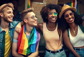 verschillend jong vrienden vieren homo trots festival - lgbtq gemeenschap concept. ai gegenereerd. foto
