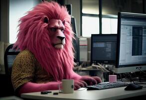 portret van een antropomorf roze leeuw net zo een ontwikkelaar in de kantoor. ai gegenereerd. foto