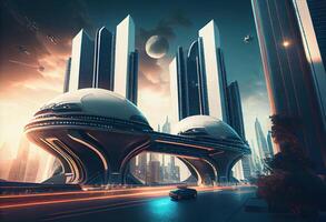 futuristische stad met reclameborden . ai gegenereerd. foto