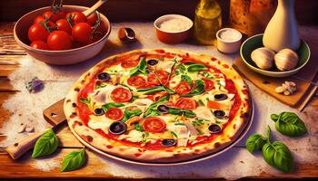 heerlijk pizza Aan de tafel in een restaurant, Italiaans keuken. ai gegenereerd. foto