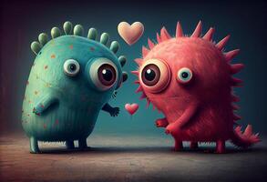 schattig liefde monster illustraties met harten. ai gegenereerd foto