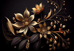 foto gouden bloemen Aan zwart achtergrond elegant bloemen behang. ai gegenereerd