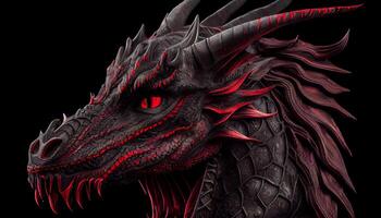 zwart en rood draak hoofd detailopname Aan een zwart achtergrond. ai gegenereerd. foto