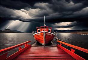 rood houten boot Aan de meer in de buurt de houten pier voordat de storm. onweerswolken in de lucht. ai gegenereerd. foto